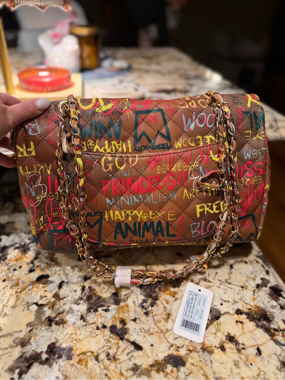 ALBA NWT Brown Multicolor Graffiti Quilted Vegan Leather Chain Crossbody Bag - Picture 8 of 8
